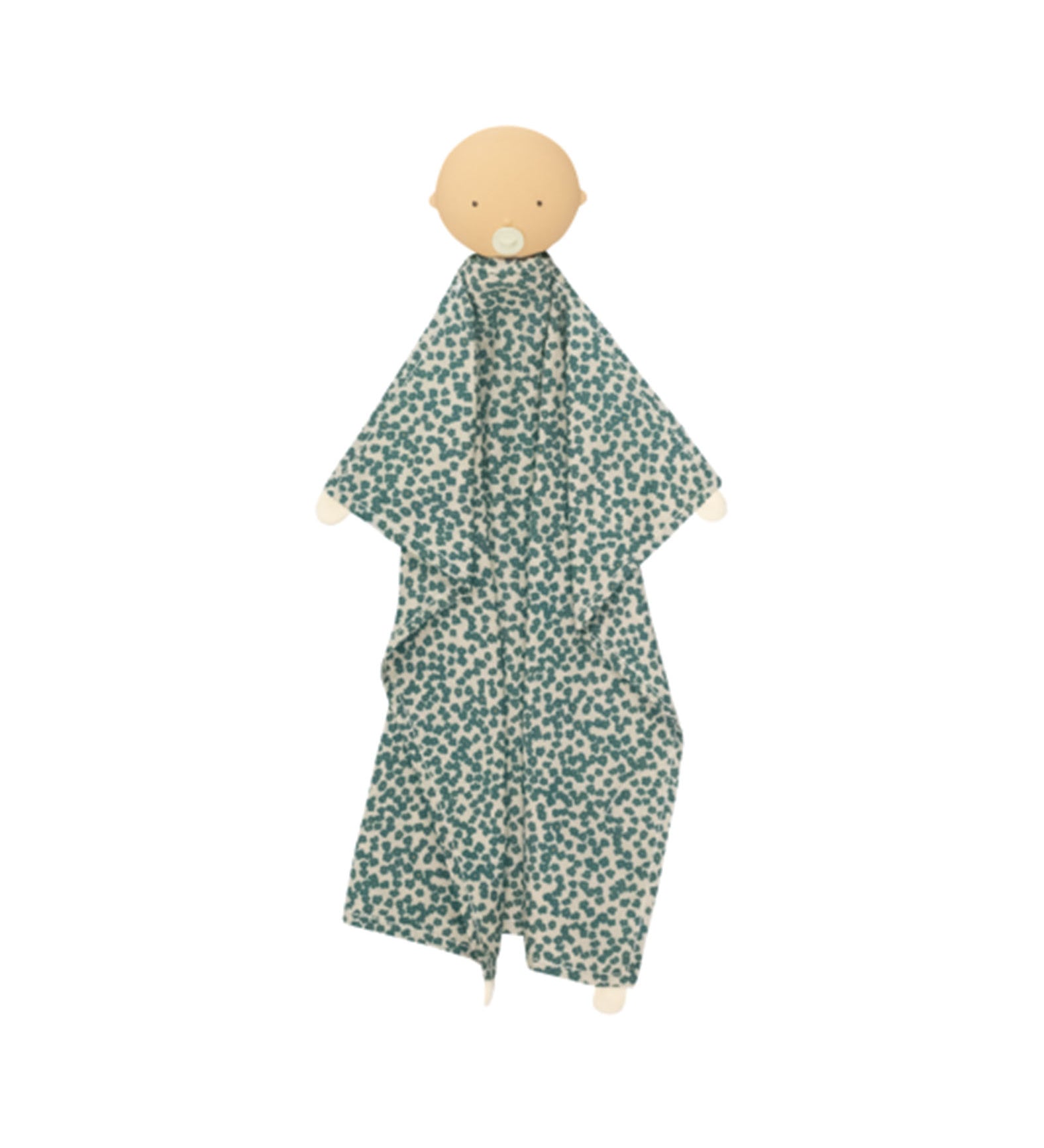 Doudou de bebé com padrão salpicado azul e bege, com boneco vestido