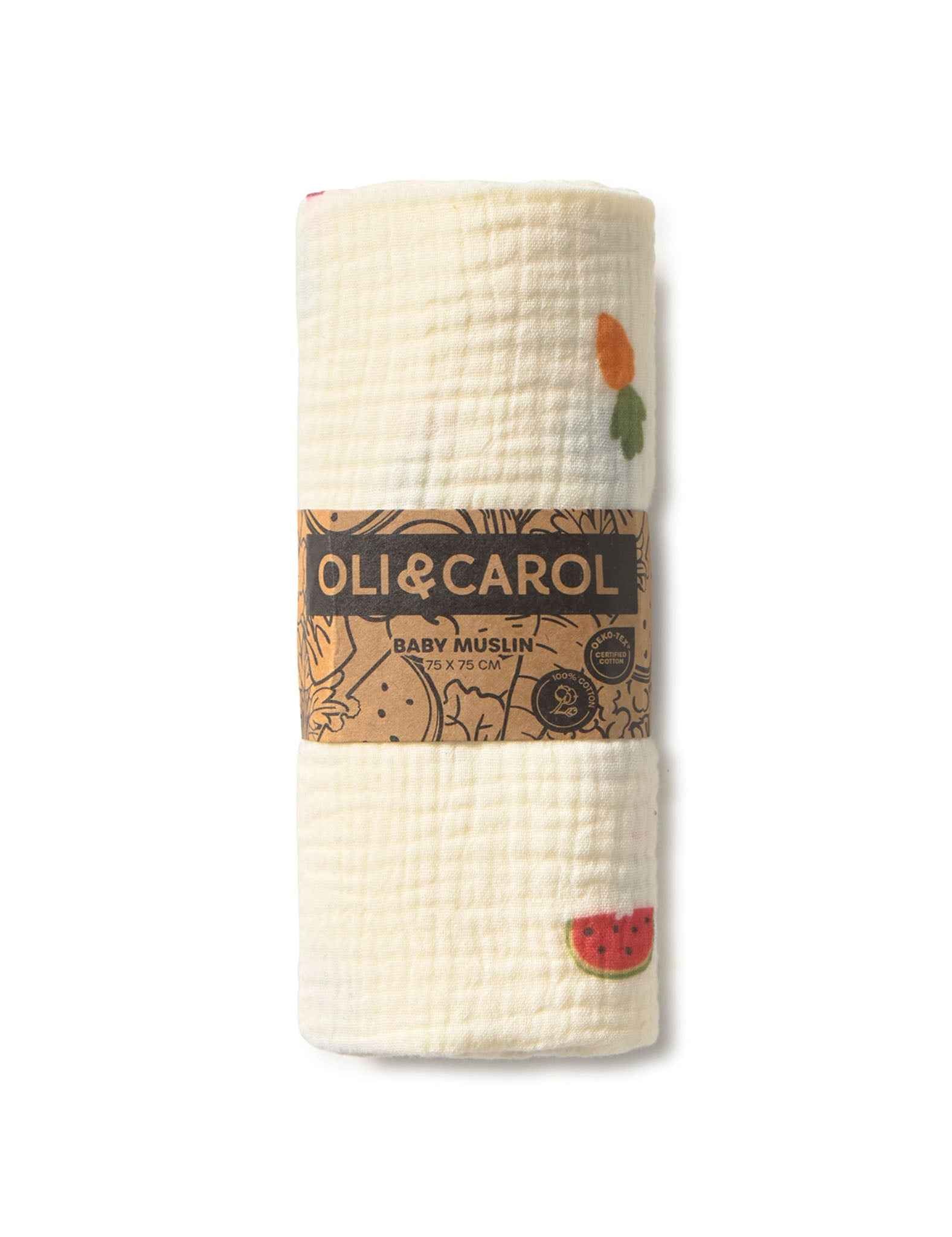 Oli & Carol - Paninho de musselina para bebé com estampa de frutas e legumes