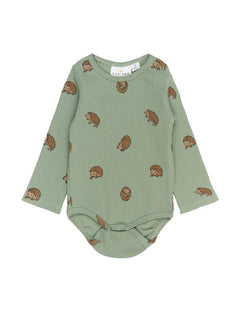 Body infantil verde-água com padrão de ouriços castanhos e fecho de pressão. the new siblings
