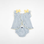 Conjunto vestido de bebé riscas azul, com folho e laços amarelos nas alças