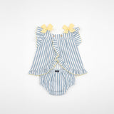 Conjunto vestido de bebé riscas azul, com folho e laços amarelos nas alças