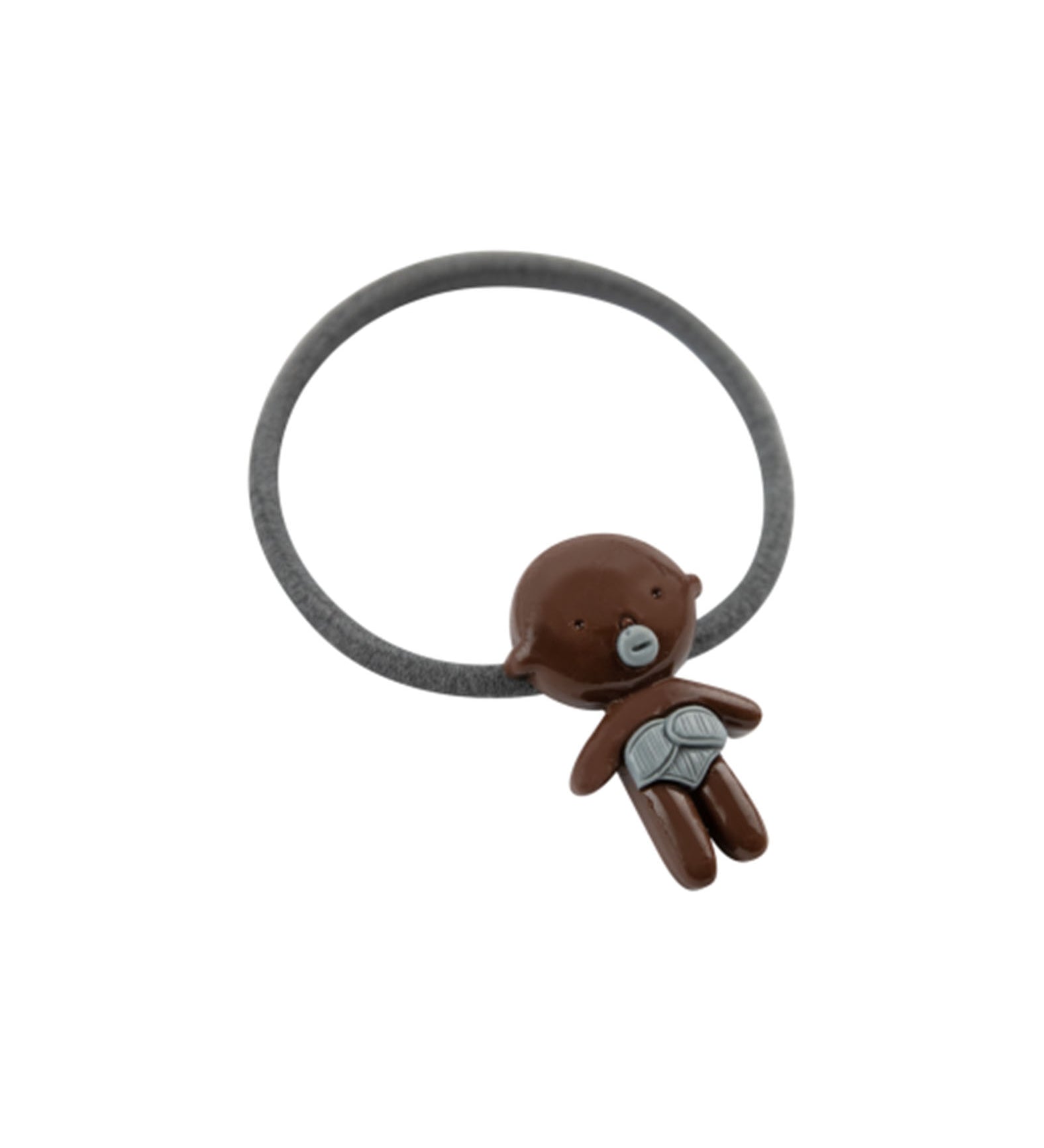 Elástico de cabelo para bebé com ursinho castanho e roupa verde-água. We are gommu.