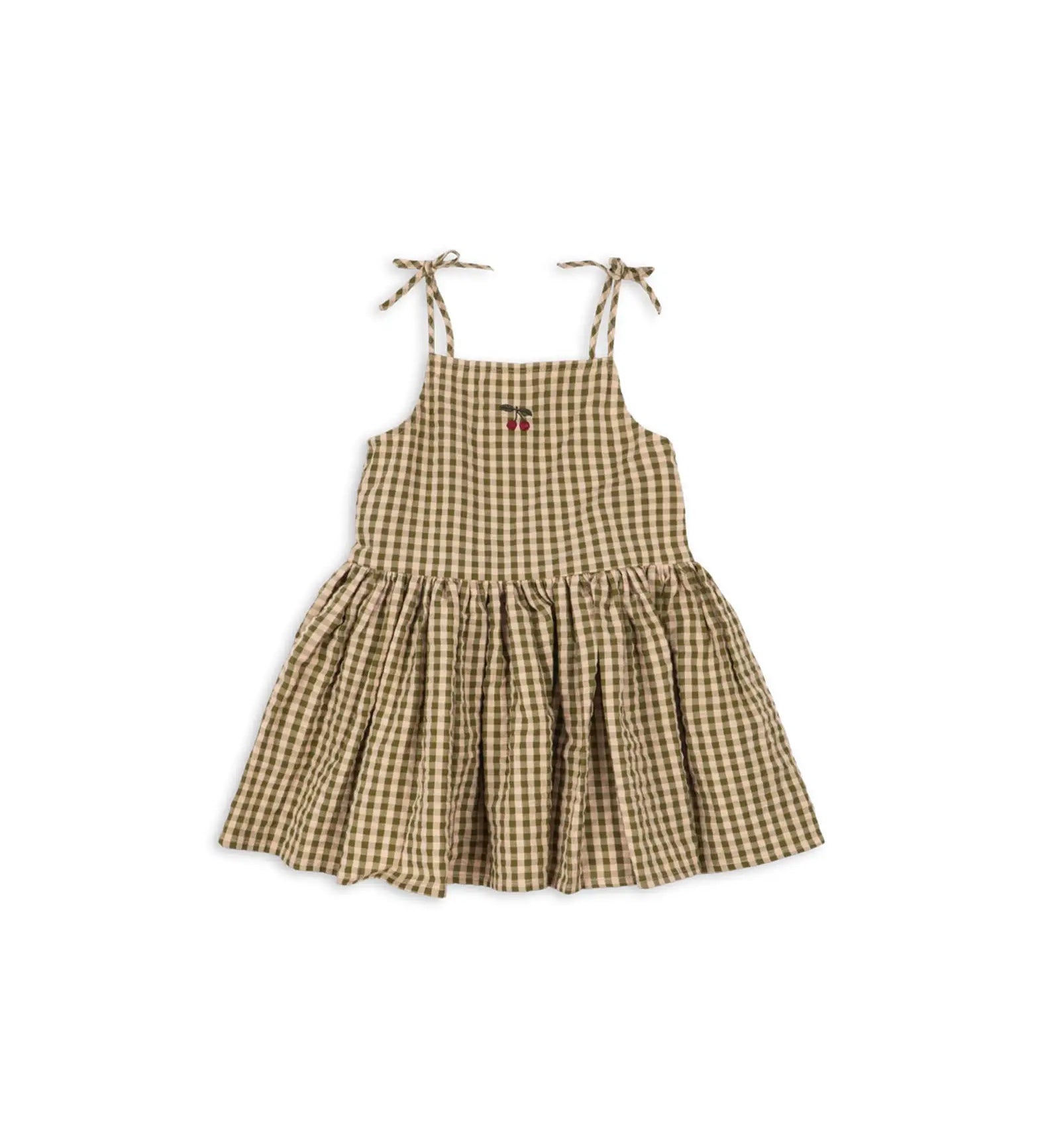 Vestido infantil xadrez com laços nas alças e pequeno detalhe vermelho. Konges Sløjd