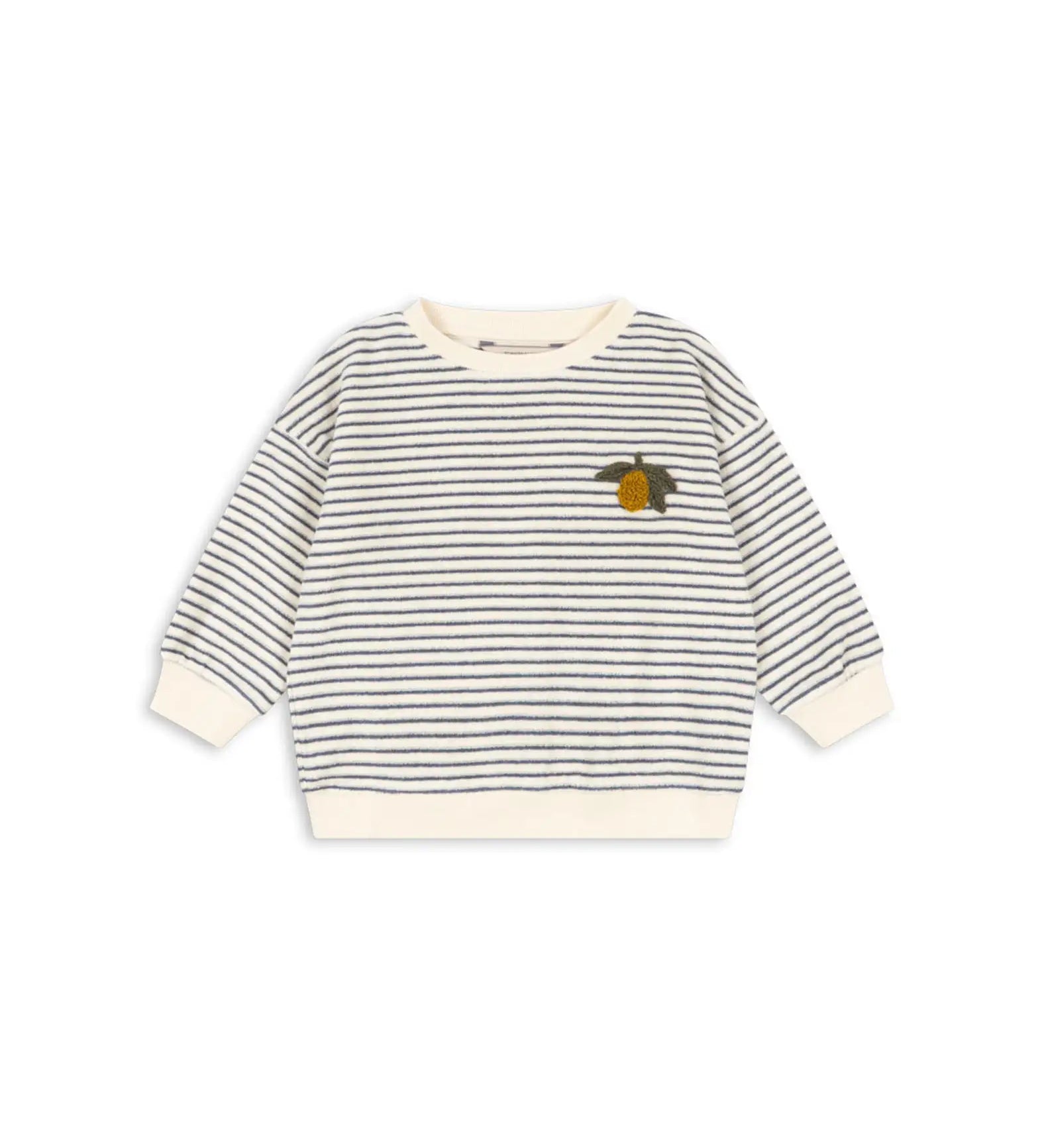Camisola sweat infantil com riscas azul-marinho e bege e apliqué amarelo no peito. Konges Sløjd
