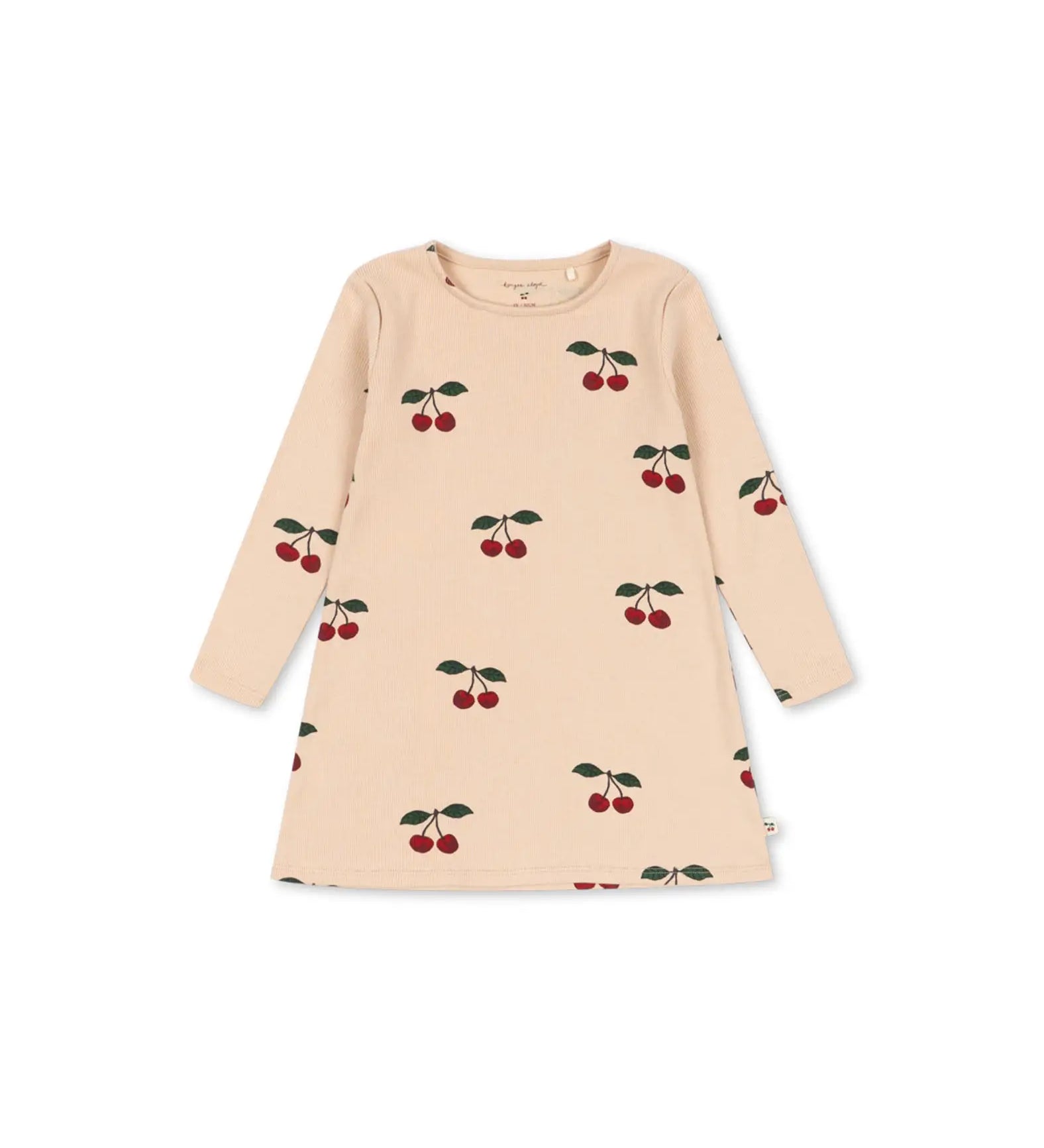 Vestido infantil bege de manga comprida com padrão de cerejas, gola redonda. Konges Sløjd