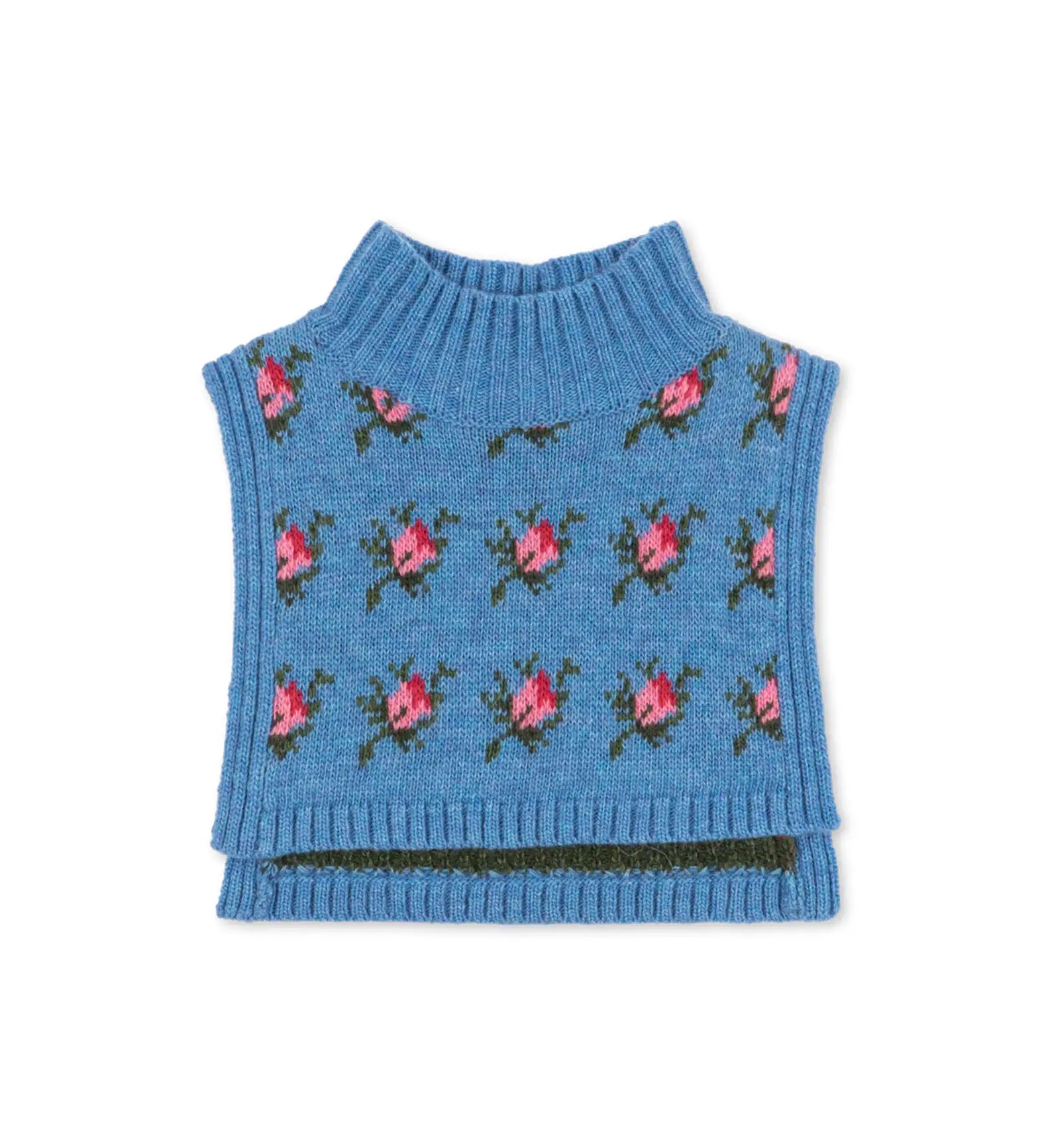 Gola de pescoço azul de malha canelada com motivos florais multicolor. Konges Sløjd
