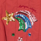 Casaco de bomber vermelho com arco-íris de lantejoulas e estrelas coloridas, fecho a correr. Konges Sløjd