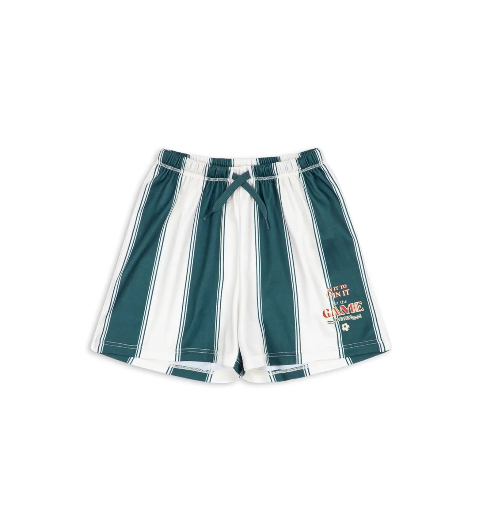 Calções Konges Sløjd às riscas verde-azul e branco, com cordão ajustável e estampado lateral. Konges Sløjd