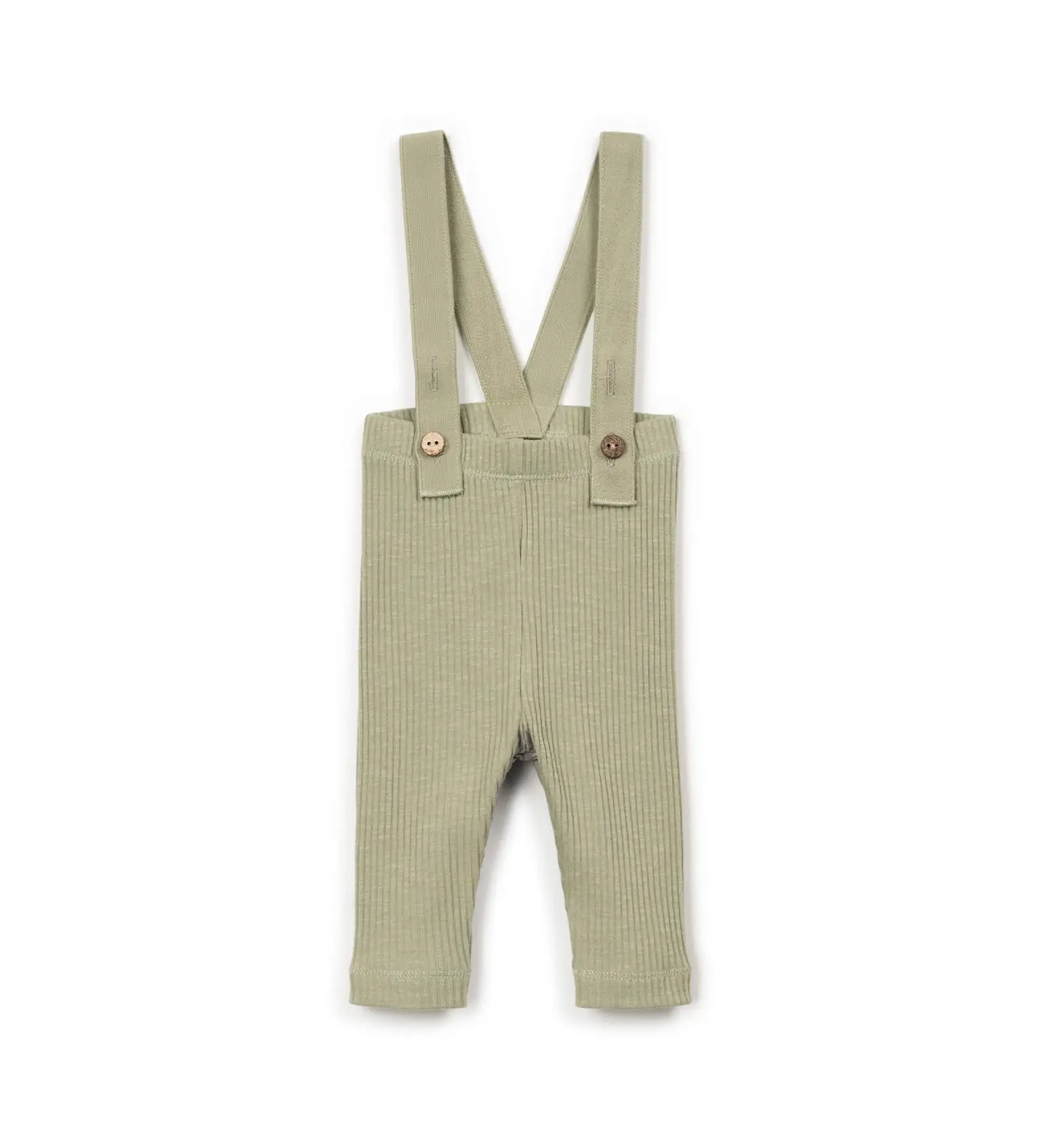 Leggings caneladas verde-claras com bib frontal e botões nos bolsos. Marca Play Up