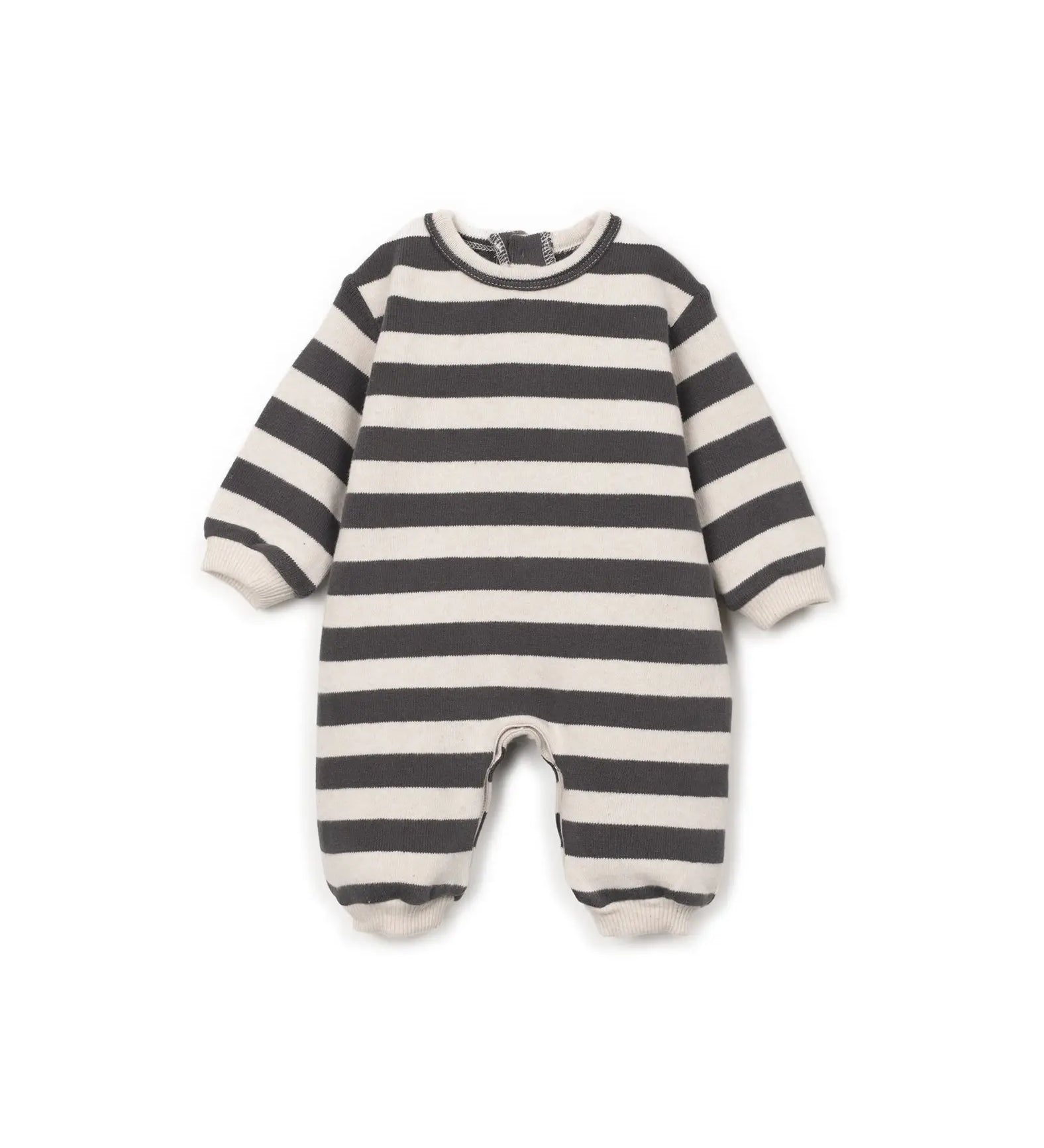 Macacão de bebé em jersey às riscas branco e preto, gola redonda. Marca Play Up