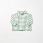 Blusa de bebé de algodão verde xadrez, mangas compridas, gola franzida
