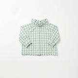 Blusa de bebé de algodão verde xadrez, mangas compridas, gola franzida