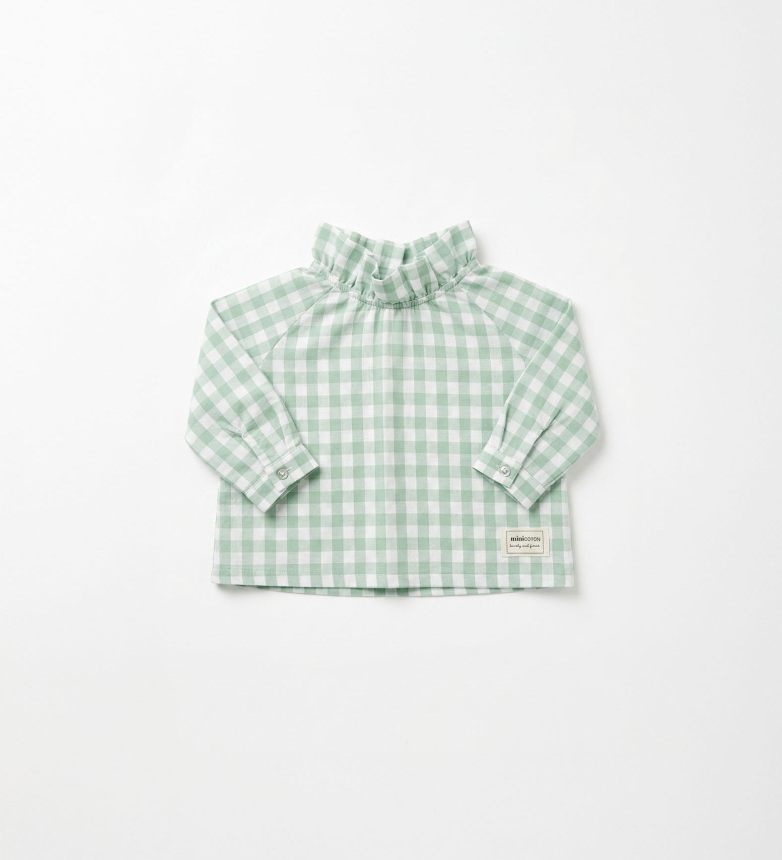 Blusa de bebé de algodão verde xadrez, mangas compridas, gola franzida