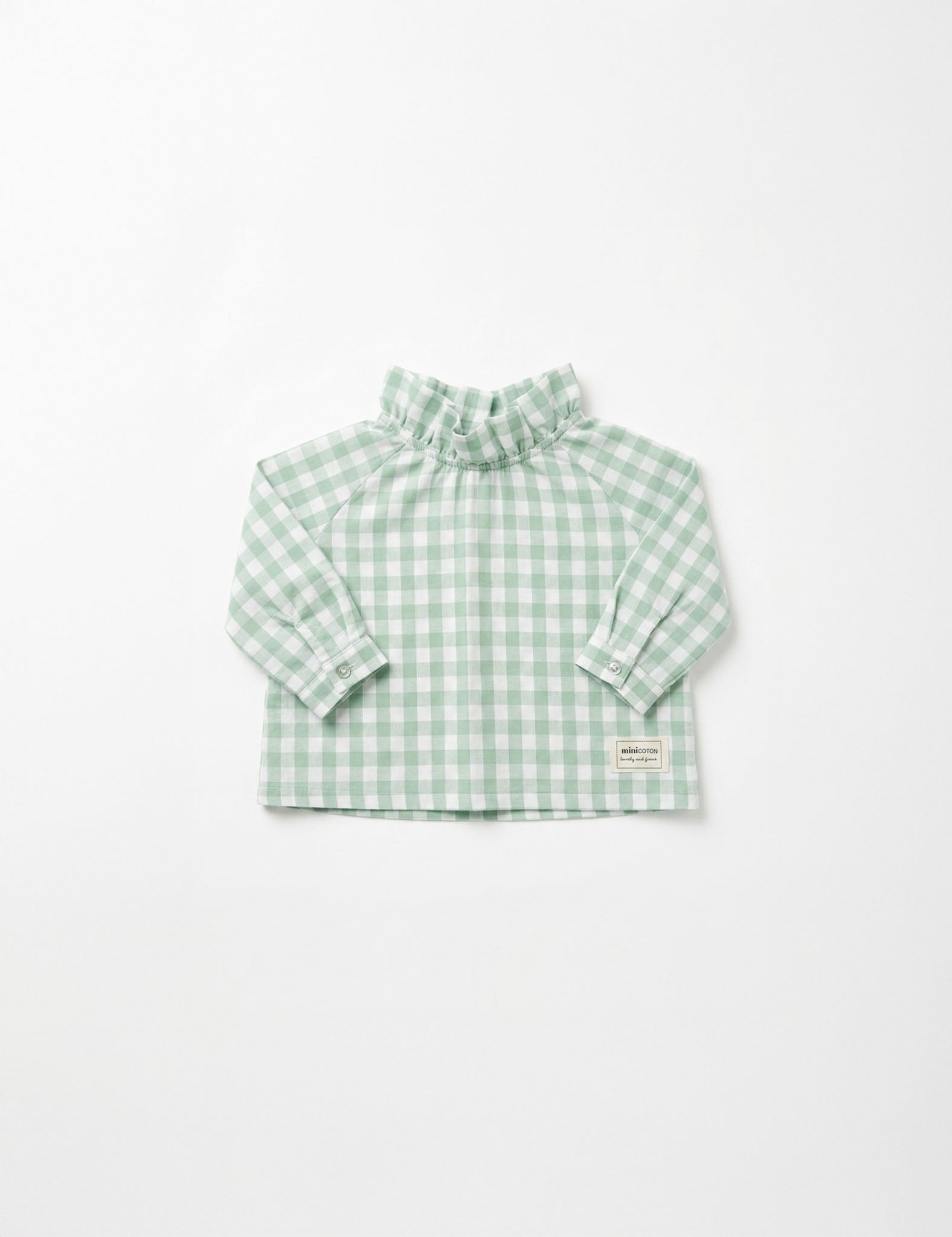 Blusa de bebé de algodão verde xadrez, mangas compridas, gola franzida