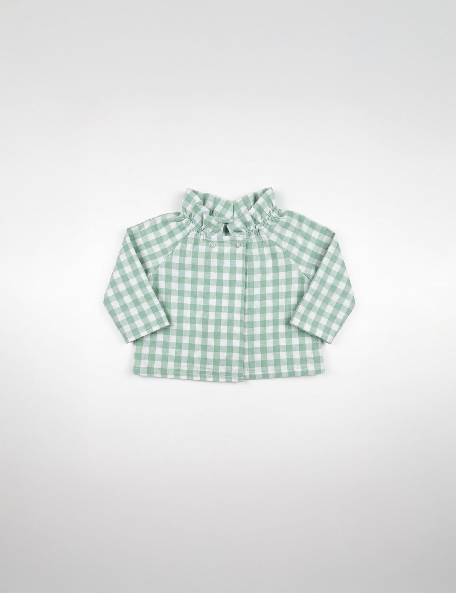 Blusa de bebé xadrez verde, mangas compridas e fecho à frente com botões